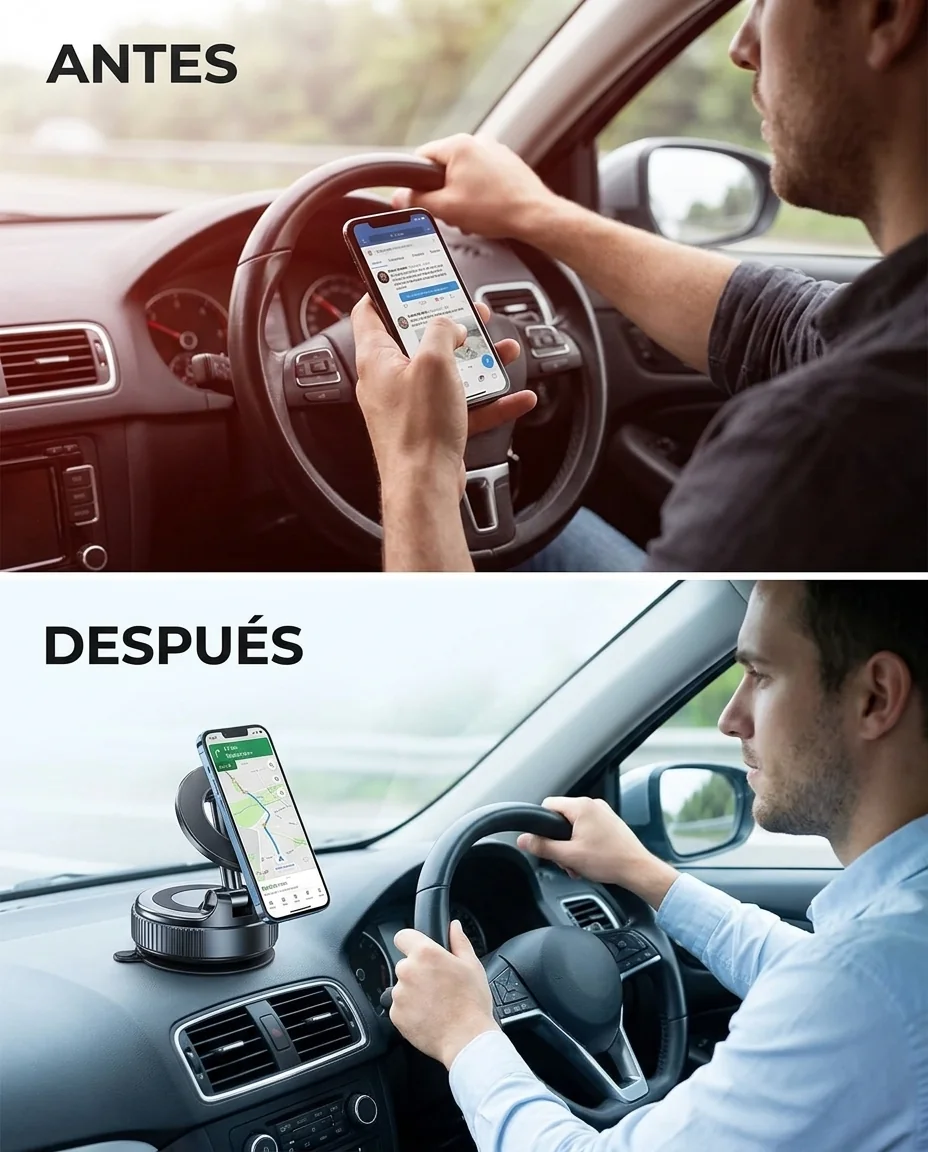 Comparación: antes con el celular en la mano, después con el soporte magnético